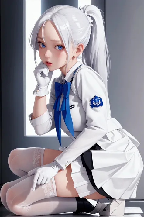 Platinum hair, blue eyes, maid high school girl, 20 years old, twin ponytail, uniform, white school skirt, white gloves, white stockings, white shoes, showing butt