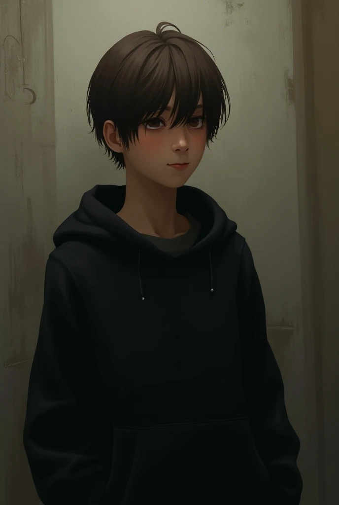 A thin guy with brown straight shoulder-length hair. Hes wearing a black hoodie. an art picture