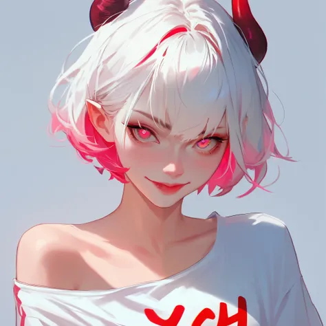 One of the white skin. Your hair is short , her hair is white with pink highlights, chinese girl, your eyes are pink, ulzzang, off shoulder white shirt, succubus horn, smirk evily,