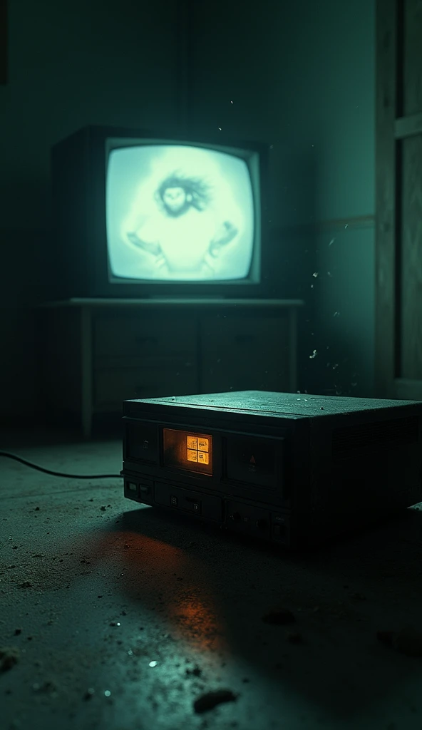 An old VCR ,  in a dark, empty room ,  with a tape playing .  The television in the background shows distorted and disturbing images,  creating an atmosphere of mystery and suspense 