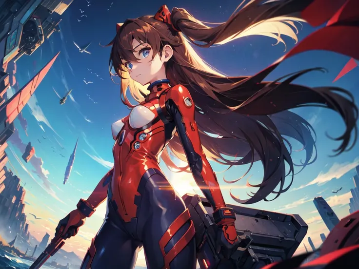 (masterpiece), Best quality expressive eyes, Perfect face, 1 Girl, Solitary, Soryu Asuka Rangra, Interface Headset, wearing a Full red EVA pilots combat suit, permanent, left hand on your left hip, right hand on chest, show your asshole, Figures without ob...