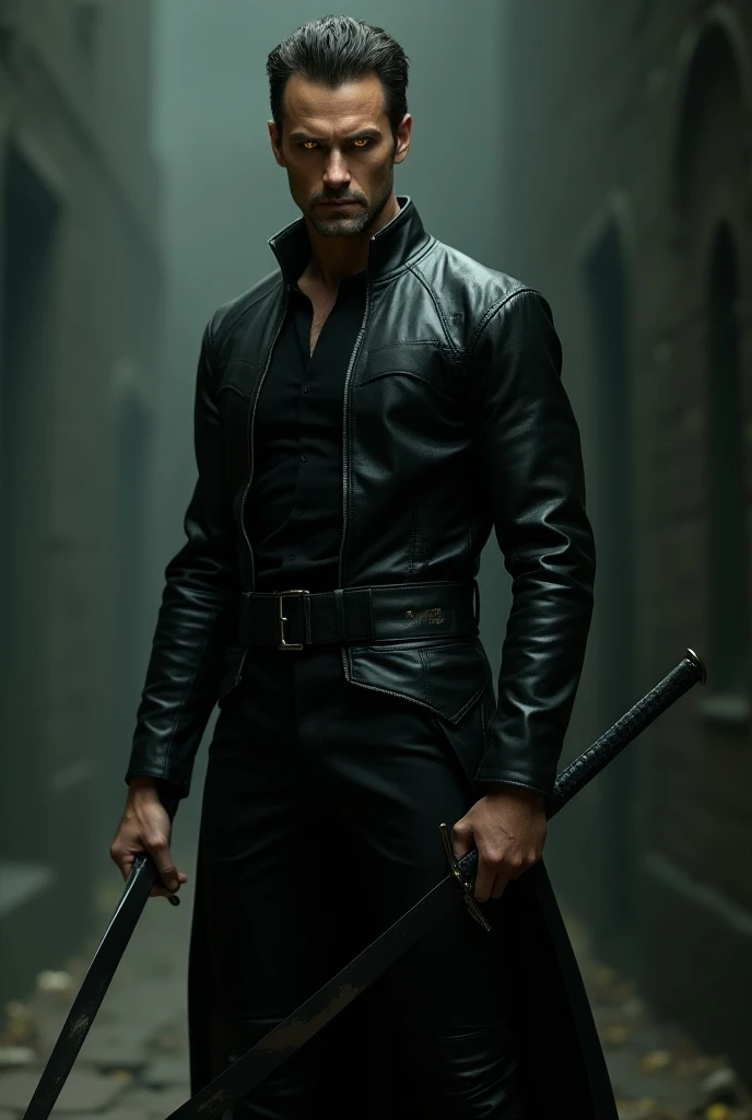  A man of average height , a little muscular, Black leather clothes like in the movie Matrix ,  golden eyes,  a black sword in one hand and a white sword in the other.