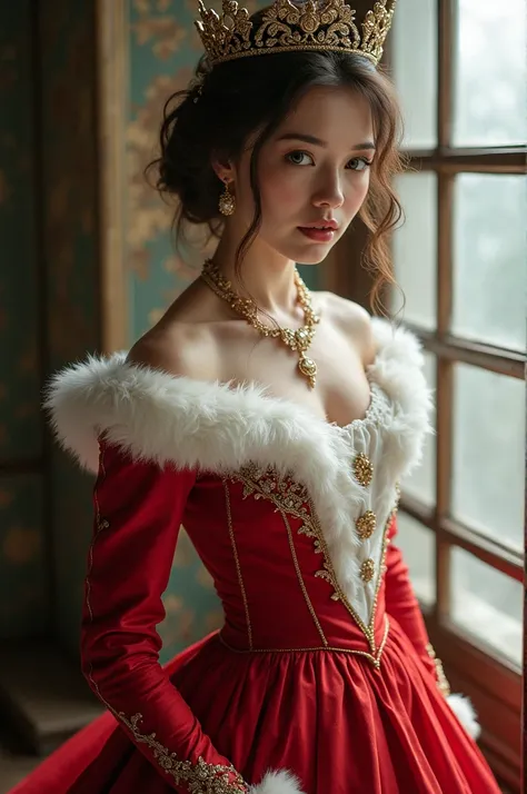 Woman in Red and White Dress Standing by Window, Victorian Fantasy Art, Beautiful Portrait Painting, Charming Woman, in Red Victorian Dress, In Victorian Aristocrat, Artgerm Highly Detailed, Charismatic Woman, Beautiful Empress, ((Beautiful Fantasy Empress...