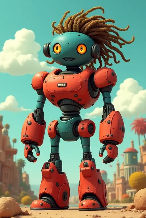 Cartoon-style robot with red and navy blue pieces and dreaded hair