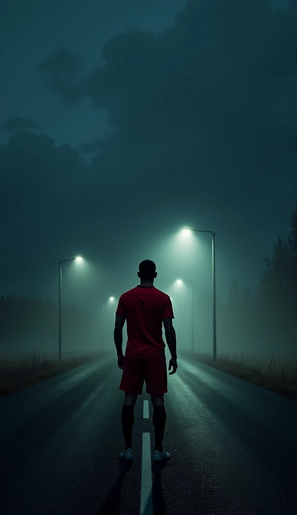 Cristiano Ronaldo, wearing his red football jersey, stands alone in the middle of a desolate, empty road at night. The road is long, stretching into the distance with no other vehicles or people in sight. The sky above is pitch black, filled with thick clo...