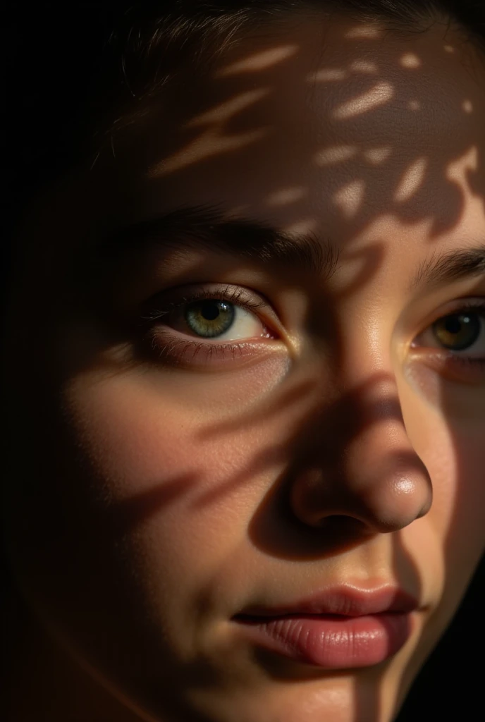 a photo of a ( face bathed in patterned light:1.3), (dappled shadows:1.2), ( captivating look :1.1), ( contrast of light and :1.2),  artistic interaction , ( sharp luminous lines:1.1), (Detailed iris:1.1), Sony α7R IV , 1/320s , f/2.8, ISO 400, ( enigmatic...