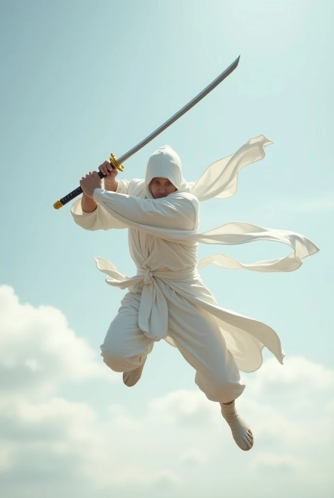 Ninja White with gold, with sword, flying