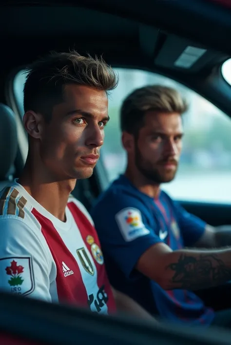 POV front view of cristiano ronaldo wearing a real madrid t-shirt and lionel  messi wearing a barcelona t-shirt . the men are inside a car , with messi driving while ronaldo looks ahead  a better masterpiece:1.5)0.9], (Space and astronauts:1.2) (Messy silv...