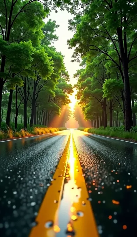 a long straight wet road with yellow road lines in the middle, big green trees both side of the road, wet road reflecting some lights, camera angle lower, cinematic lighting, golden hour, photorealistic, 4k, ultra-detailed, realistic, dramatic lighting, at...