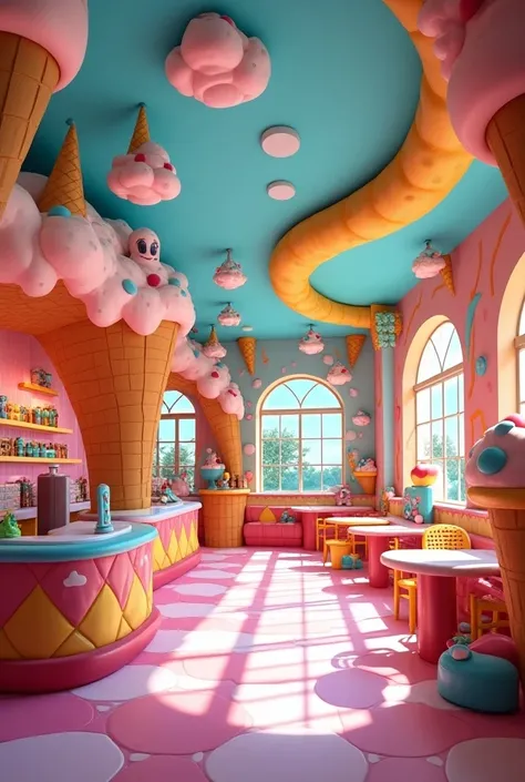 Create an indoor ice-cream parlor environment with the theme of the cartoon “Super Powerful Ones”