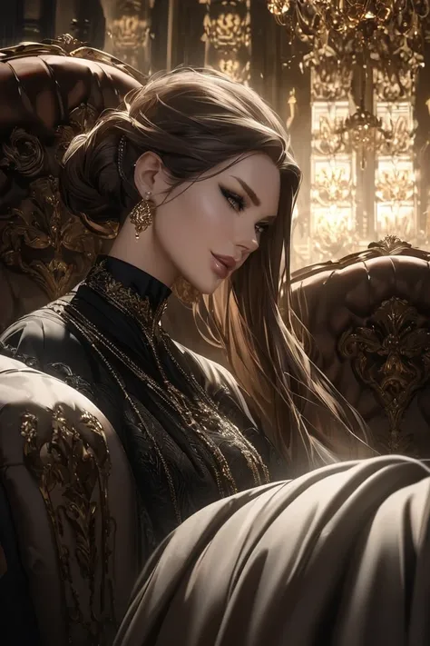 Hyperrealistic, ultra-detailed anime-style portrait of an elegant, confident woman in her 40s, posed alongside an equally mysterious and commanding man.
The woman has shoulder-length, wavy rich brown hair styled in a sophisticated updo, with subtle mature ...