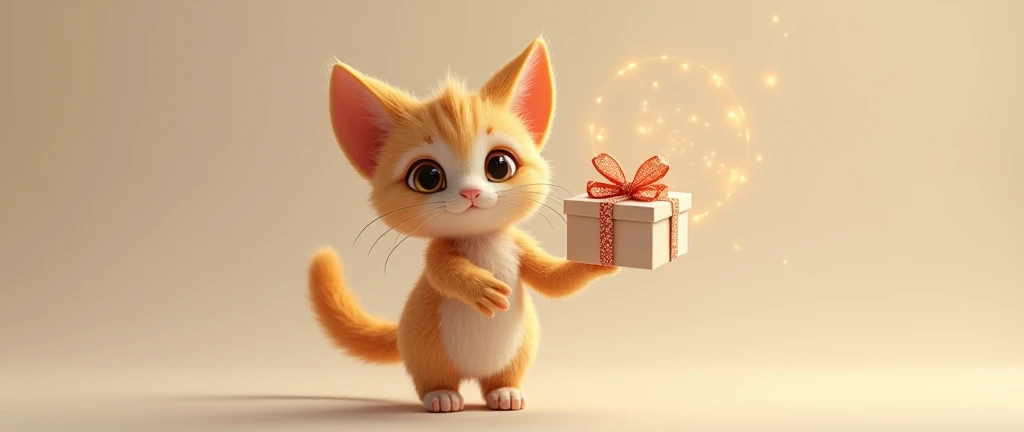 A ai cat like human with gift box in hand beautiful cute and face front and show hand like ok sign 