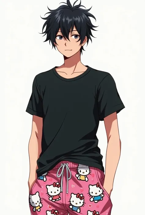 An anime man with messy black hair, wearing hello kitty Pant and a black t-shirt 