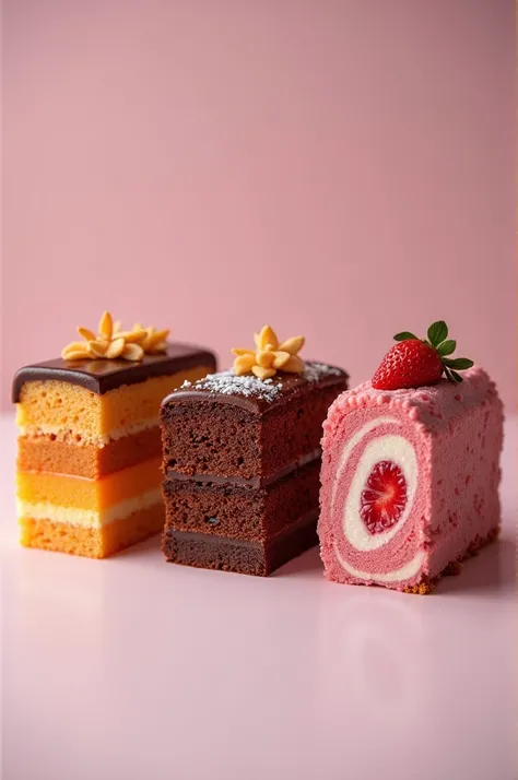 3 cakes lined up like the photos in the studio. Orange chocolate cake, coconut brownie cake, strawberry chocolate roll cake.