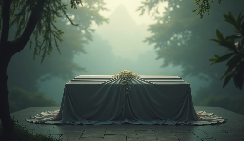  Empty funeral ,  in the image just a closed casket , being veiled ,  but there are no people or flowers in this image . Apenas o caixão e um lugar bonito onde o mesmo está being veiled  