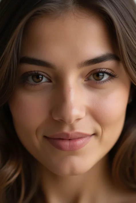  close-up on the angelic face of a young brunette Caucasian woman with silky hair ,  her features are fine and attractive her lips are quite luscious but natural , her eyes are dark , ses cils longs (very feminine) elle possède des fossettes qui la rendent...