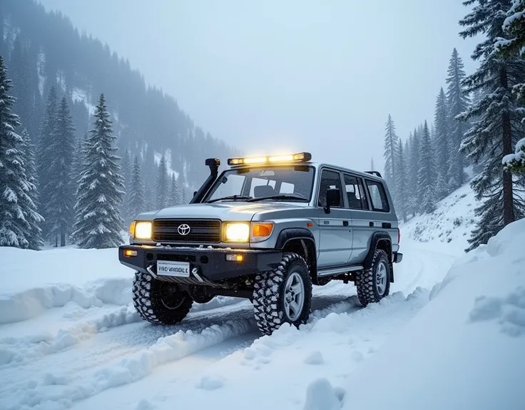 We are in Naran valley north pakistan during live snow fall on our toyota vigo invincible 2010 model in silver color with MT tires and spot lights on front bumpers with and on in yellow color, roaming in the naran valley in heavy snow