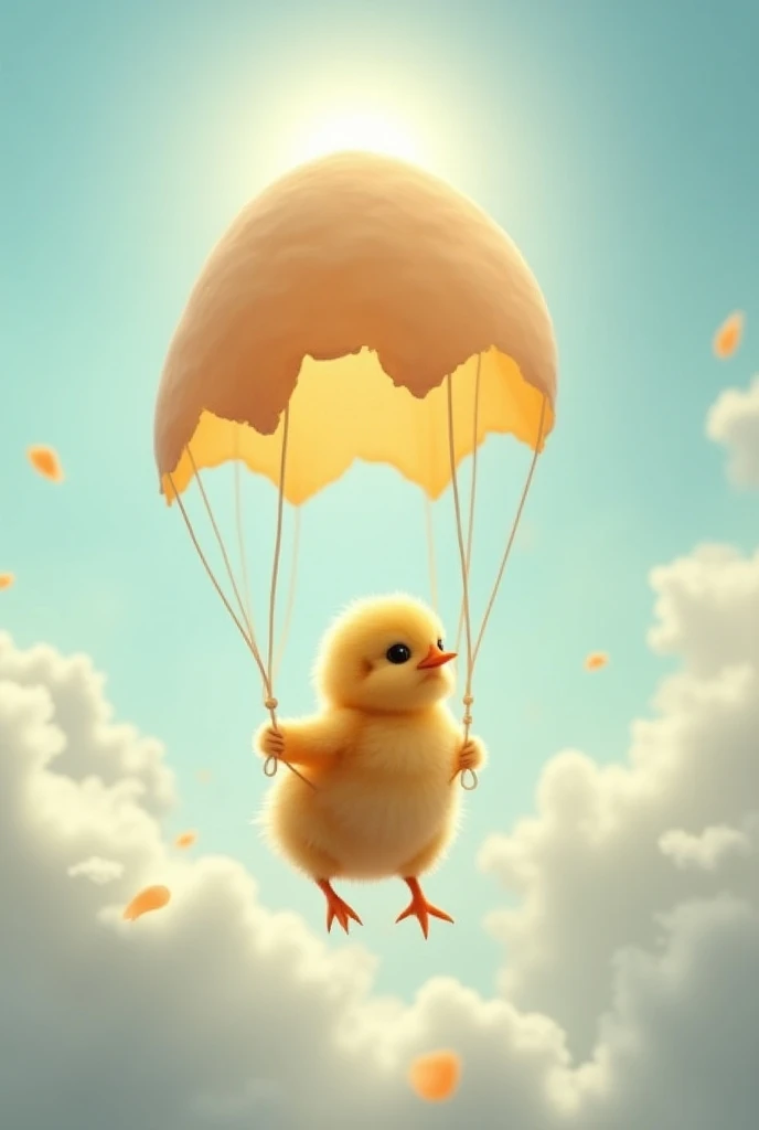 A baby chicken descends from the sky with a Parachute made of eggshells