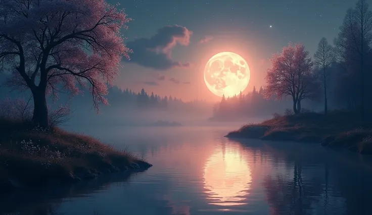 Create a romantic night-time landscape featuring a glowing, full moon casting its silver light across a serene, tranquil scene. The moon should be large and luminous, reflecting on a calm body of water, with soft ripples enhancing the moons shimmering refl...