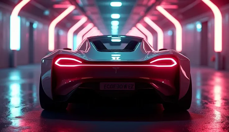 The futuristic 2027 Tesla Roadster with SpaceX powered thrusters firing and highly visible on the rear, parked with the tail showing, in a neon-lit futuristic garage with a cinematic sci-fi atmosphere. The car is shown with the doors fully closed, in a hig...