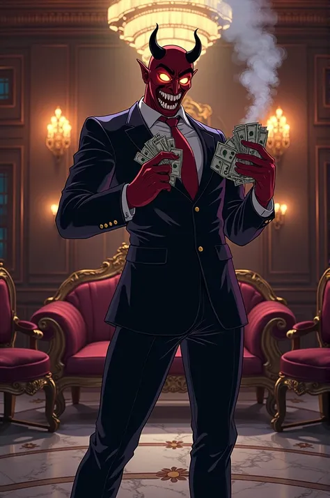 Here’s the prompt:

"A stylized anime-style human character wearing a devil mask, standing confidently, holding stacks of money in one hand and a lit cigarette in the other. The character has a powerful and charismatic look, with intense, determined eyes v...