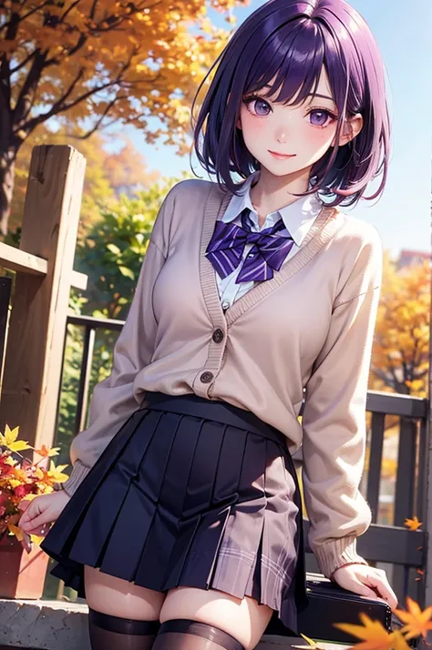 ( Best Quality, Hi-Res,8k,inelity detailed background, Masterpiece:1.2), Beautiful Girl,( glossy purple hair :1.3),(long hair:1.2) bob cut,Beautiful purple eyes,autumn,school uniform,Cardigan,skirt,black tights,(zettairyoiki:1.2),Gentle look,A refreshing l...