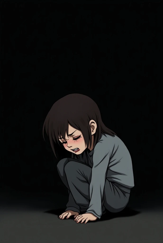 a crouched girl, with a desperate expression, with her eyes closed, in a black background. cartoon style.