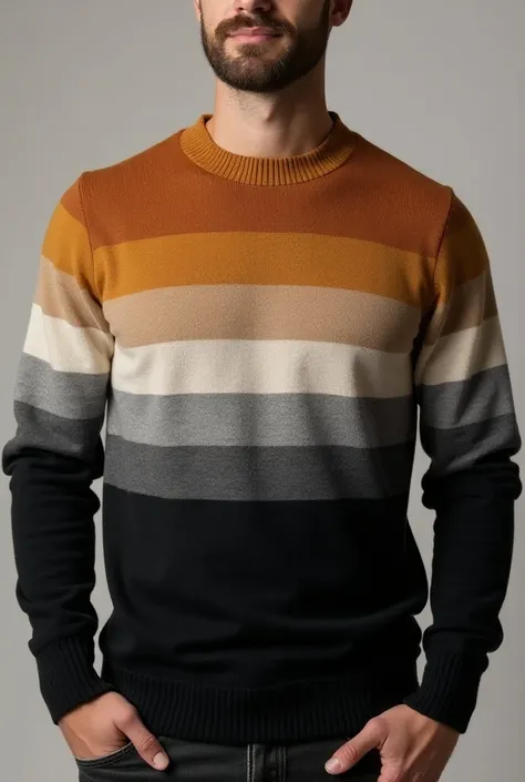  make me a sweater for men with a sipper .It wears 5 combined colors , The bottom has a black color of about 25 cm ,  then an oxford-gray stripe of about 5 cm . Then a beige stripe of about 12 cm .  Then a light gray stripe of about 5 cm. And in the final ...