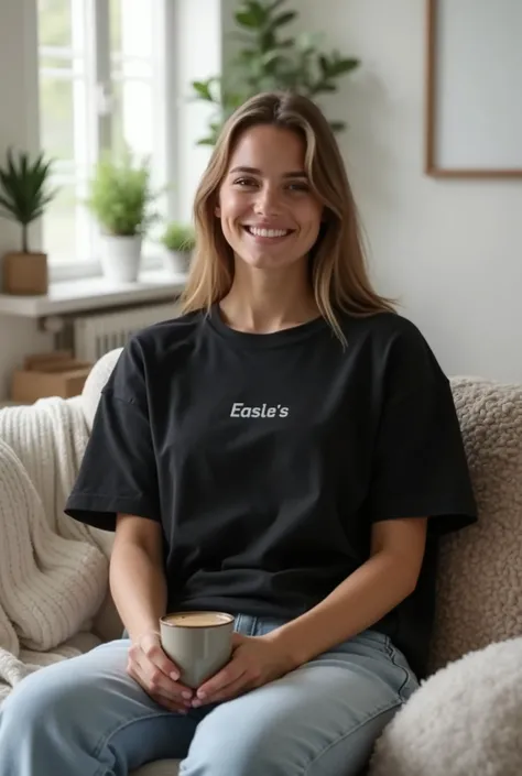 Create a cozy lifestyle mockup featuring a young woman indoors, dressed in a black t-shirt with space for a custom logo or text design prominently displayed on the chest. She is sitting comfortably on a modern, stylish sofa, surrounded by chic, minimal dec...