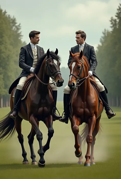 Two gentlemen ride a white horse and a black horse, the horses look at each other angrily and the gentlemen look fascinated and friendly.