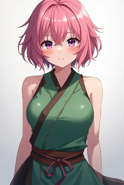 Full body image of anime teenage girl has short frizzy pink hair and purple eyes like Momo in  the To LOVE-Ru manga, bigger bust size looks more mature. Flirty and naughtiness on face. Wears sleeveless green warrior hanfu. Uses time manipulation magic.