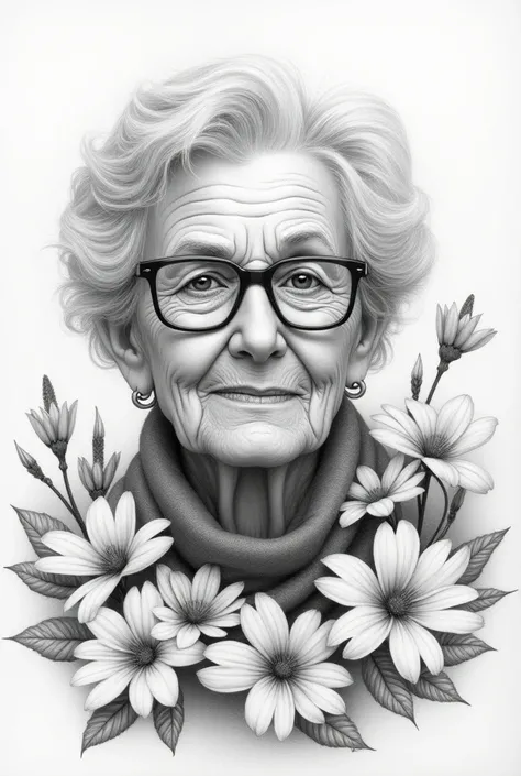  a drawing of an old woman with glasses and flowers,  detailed pencil drawing , old lady,  detailed drawing 4 k , Award-winning pencil drawing,  epic pencil illustration , highly detailed drawing, pencil illustration, detailed cute,  photorealism by Robert...