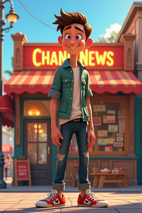 Pixar-style Disney cover , , 20-year-old man standing in front of a novelty store called Chano news