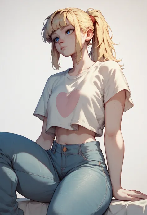 1 , small, blue eyes, freckles, Blonde hair, fringe,  ponytail , pale skin,  thick thighs ,  loose pink crease-free t-shirt, denim pants ,  white background
