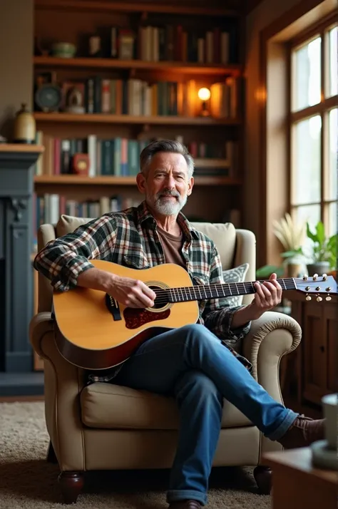 A man who is playing the guitar in living room.