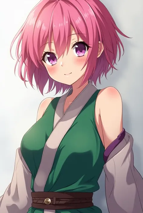 Full body image of anime teenage girl has short frizzy pink hair and purple eyes like Momo in  the To LOVE-Ru manga, bigger bust size looks more mature. Flirty and naughtiness on face. Wears sleeveless green warrior hanfu. Uses time manipulation magic.