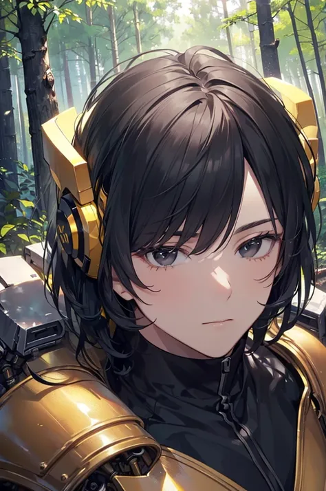 Masterpiece, ((1 man)), ((Best Quality)), (Ultra-detailed), Highly detailed, ((Handsome Male)), ((20-years-old, Black Hair, Black Eyes, Mature men)), ((White Skin)), ((Yellow Robot Half Armor, Mechanical parts, Forest, Outdoor)), (Beautiful scenery), Dayti...