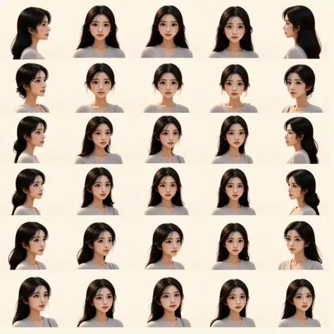 Illustration in 3D Pixar Disney style of a detailed character sheet featuring a single consistent character in a 6x6 grid layout. Each square displays the character—a full body (head to toe) 3D East-Asian woman with long, wavy black hair. Each square shows...