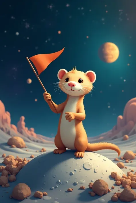 A ferret on a moon with a flag in his hand, That the background is more colorful in the background than the galaxy 