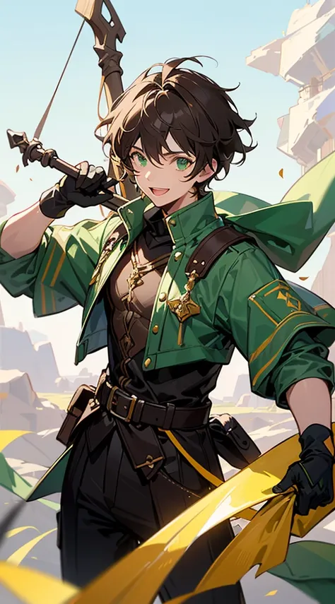 A 20-year-old young man with dark brown hair, always wearing a cheerful smile. He is dressed in green adventurers clothing, perfect for exploration or combat. He holds a bow casually in his hand, ready for action. His relaxed and friendly demeanor contrast...