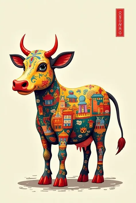 A colourful cow with imprints of the REPRESENTING culture of the city Saigon in Vietnam side ways