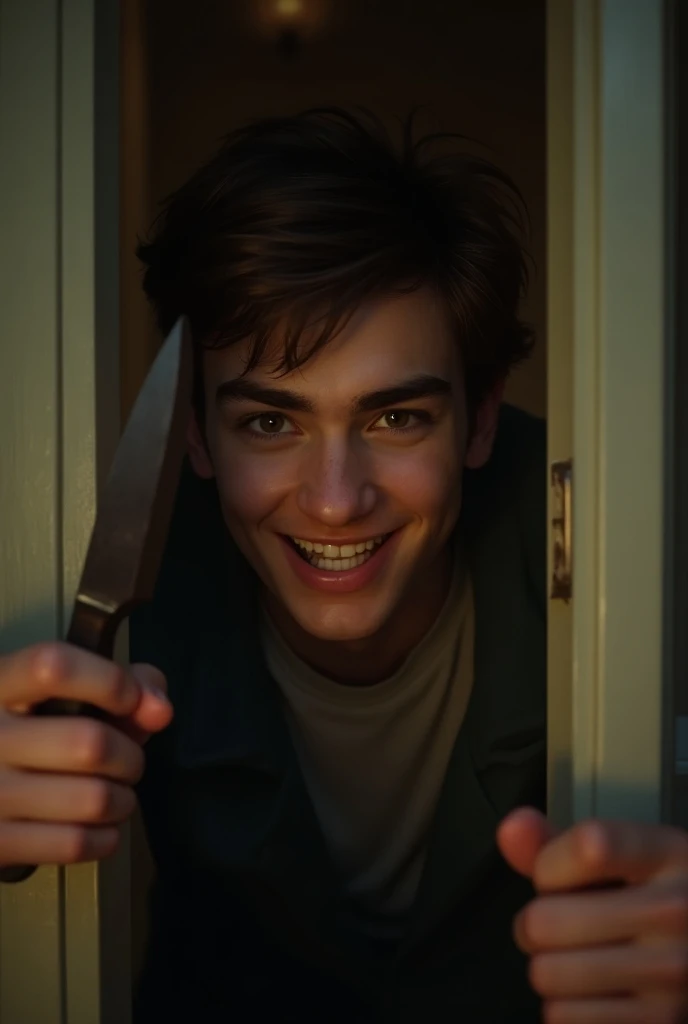 Make it realistic adult boy 

*Scene 5: The Prank Gone Wrong*
Image: Mark jumping out from behind the door, holding a toy knife and grinning.

Her best friend, Mark, jumped out from behind the door, holding a toy knife.