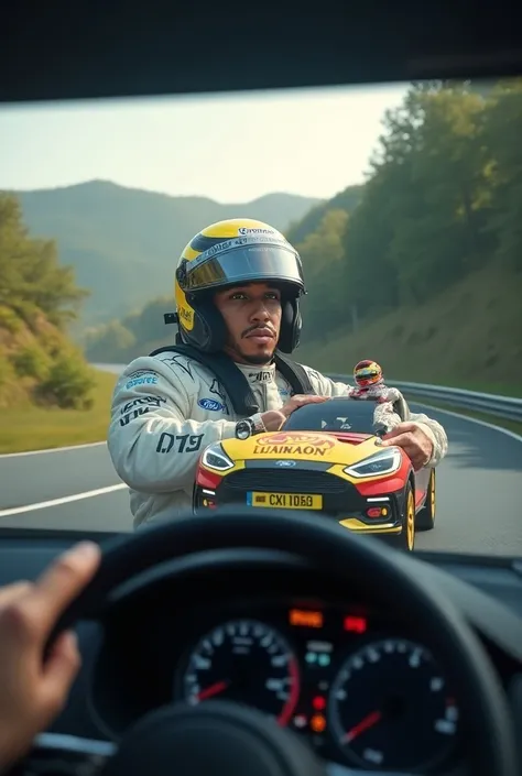 Lewis Hamilton driving a Ford Fiesta