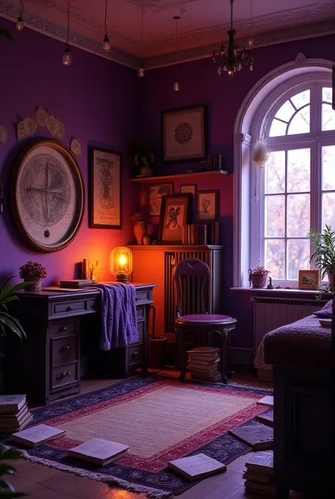 create a room for a Sagittarius person. Sagittarians have artistic skills and are very sociable, they value self-knowledge and personal growth, based on the colors violet and orange, an environment with Sagittarius decoration elements, symbolism, astrology...