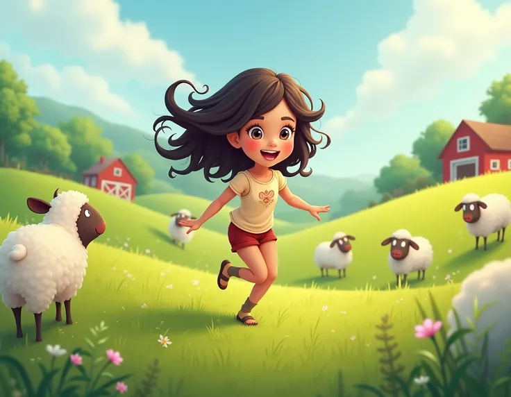 A young girl, similar in appearance to a Brazilian singer, playing joyfully on a farm. She has dark hair and wears a cute outfit. She is surrounded by green fields and farm animals, with a serene countryside backdrop. Her face has a slightly cartoonish, li...