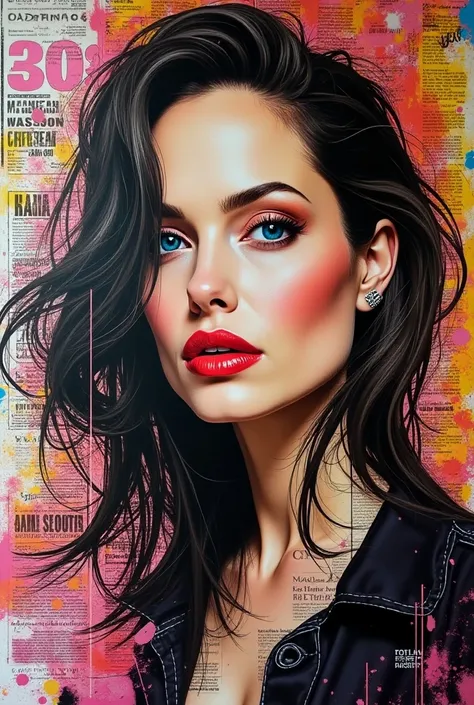 A striking and thought-provoking graffiti artwork by GUS SEMPERTEGUI, skillfully combining a captivating portrait of a young Angelina Jolie. Her face is intricately constructed from headlines and snippets from 90s magazines, creating a unique and eye-catch...