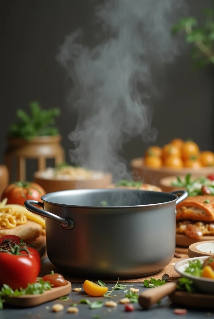 An empty pot. The pot is facing me, like you a showing the inside of the pot. The post is surrounded my unhealthy looking meals. This is a campaign Im trying to run, to draw awareness on the healthy thing people cook. The campaign is called. "Whats in your...