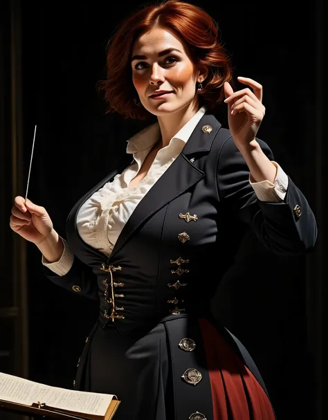 Photorealistic picture from the side, featuring a woman conducting a philharmonic orchestra. (dynamic pose:1.5) Black background. She is standing on a pedestal with a conductors baton in hand. Note stand, sheet music. She is wearing a 1700s century outfit,...