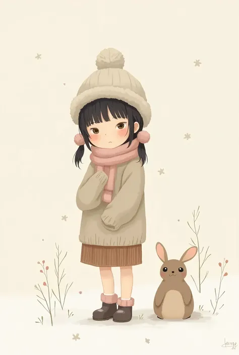 Ghibli style　 Simple illustration style、cute、winter 、solo、Drawing characters, Asian women, sexy