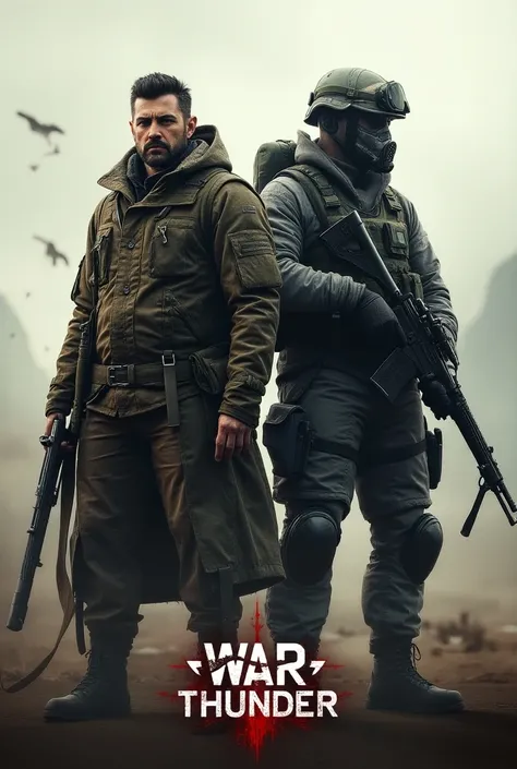  Please create a wallpaper for the mobile phone with a hunter in the middle and at the top :The Hunter call of the wild(From the hunter game ) and next to the jöger there is a soldier and at the bottom is : War Thunder( From the military game )